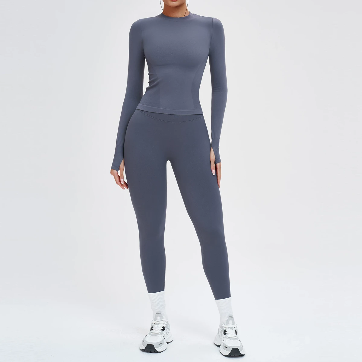 YanRuo Seamless Sports Long-sleeved Tight Hip-lifting Long Pants Yoga Running Set For Women