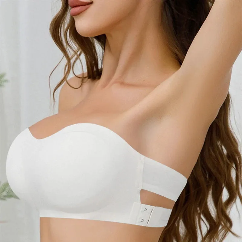 Wholesale High Quality Breathable Women's Yoga Gym Fitness Simple Seamless High Support Strapless U-NECK Crystal Front Removable