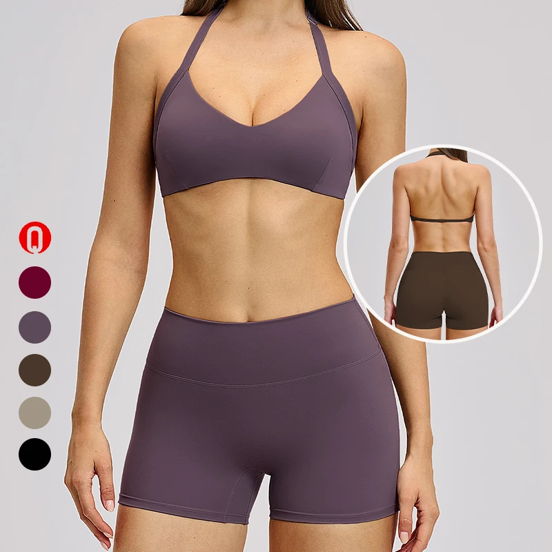 High Quality Elastic Waist Biker Shorts Women Two Piece Yoga Set Breathable Running Workout Top Sports Bra Gym Fitness Sets