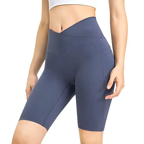 Women Crossover High Waist Yoga Biker Shorts with Pockets, Tummy Control Workout Running Shorts