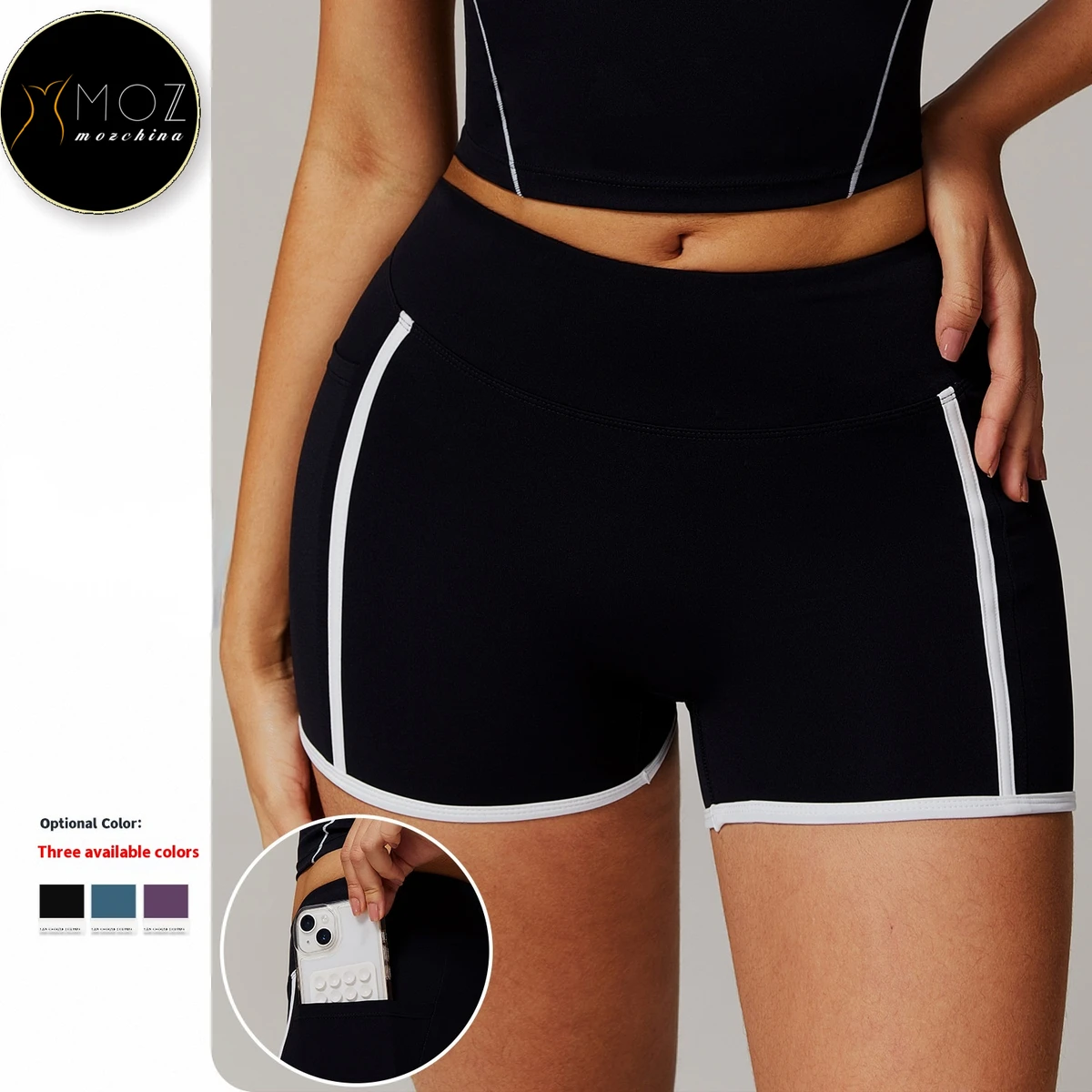 Women's High-Waisted Tummy Control Yoga Shorts Side Stripe Solid Cross-Border Pocket Naked-Feel Fitness Spandex/Nylon Elastic
