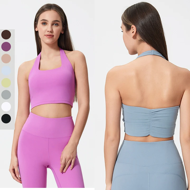 Ruched Back Design Push Deep U Neck Breathable High Support Women's Gym Fitness Workout Fashionable Crop Top Halter Sports Bra