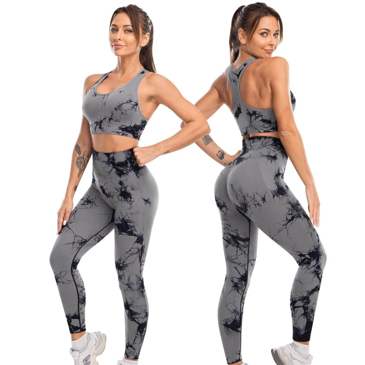 Women's High Quality Seamless Yoga Set 2-Piece Crop Top and Fitness Leggings Plus Size Solid Pattern Logo on Waist