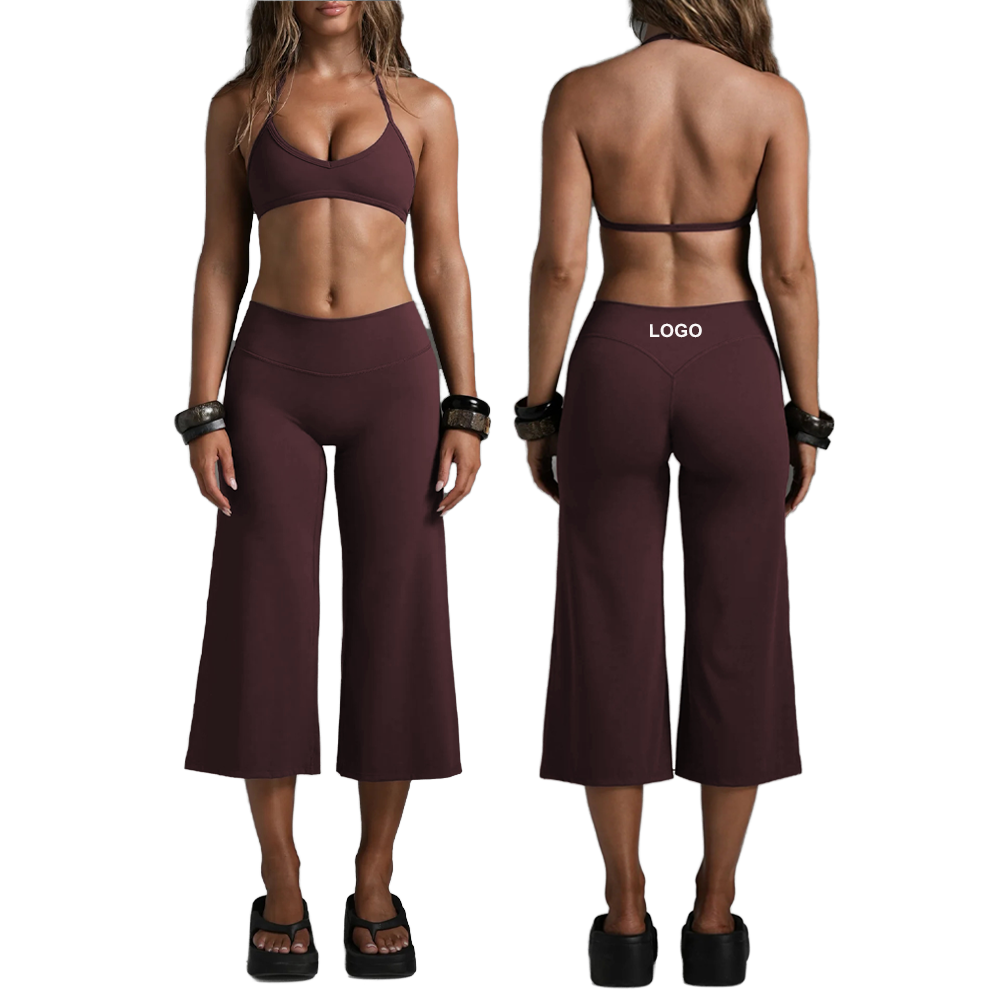 Cross-border Lightweight Halter Neck Strap Bra Solid Spandex/Nylon Quick-dry Running Cropped Wide-leg Yoga Pants Sports Front
