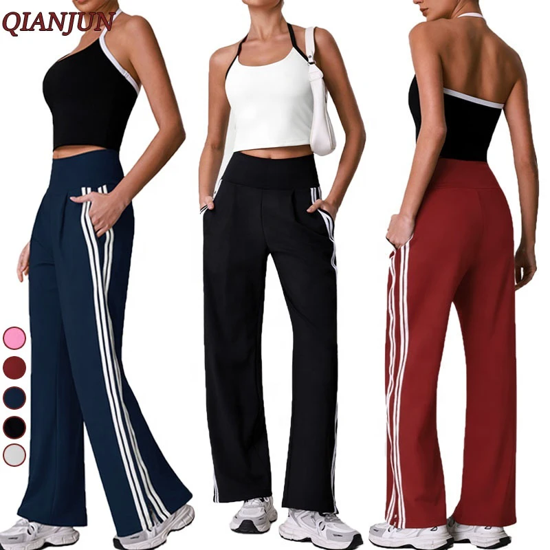 Wholesale Women's Casual Yoga Running Set High Waist Striped Wide Leg Pants Outdoor Activities Fitness Tracksuit