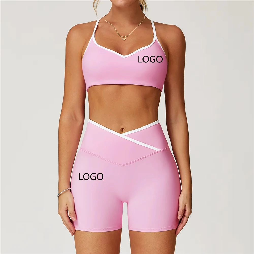 Customized Women's 2-Piece Yoga Set Naked Fitness High Waist Shorts Bra Cross High Shockproof Color for Gym Front Plus Size