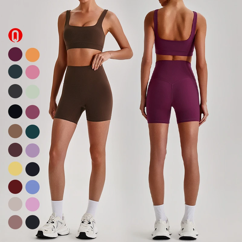 Custom High Quality Tight Sportswear Gym Workout Clothing Outdoor Sports Bra Biker Shorts Gym Fitness Yoga Wear 2 Piece Set