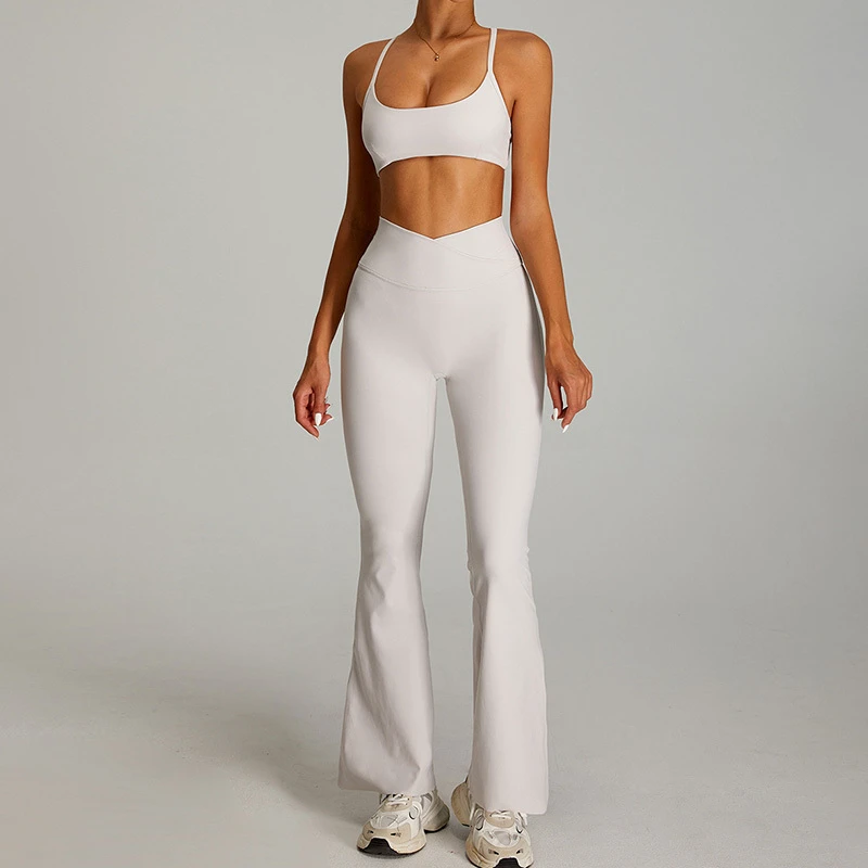 2 Piece Yoga Set Adjust Cross Straps Bra High Waist Bell Bottomed Pants Jogger Women Tracksuit