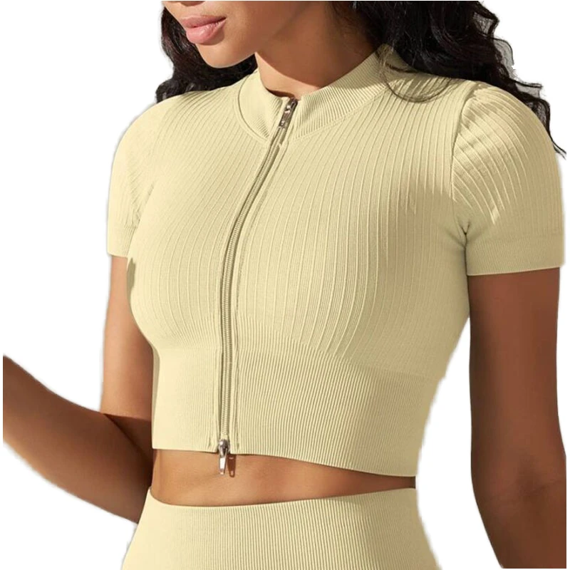 Workout Outfits Women 2 Piece Ribbed Seamless High Waist Yoga Shorts Crop Zipper T Shirt Sport Suit Workout Slim Fitness Sets