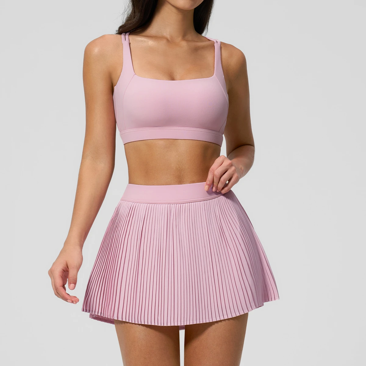 New Nylon Spandex Yoga Set Women Padded Bra Pleated Tennis Skirt Quick Dry Cloud Feel Fitness Gym Sportswear 5 Colors