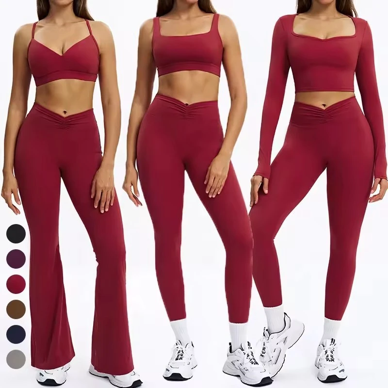 ZC135 Women Solid Activewear Sports Suit Backless Crop Top High Waist Yoga Shorts Leggings Ruched Waistband Flare Legs Gym Set