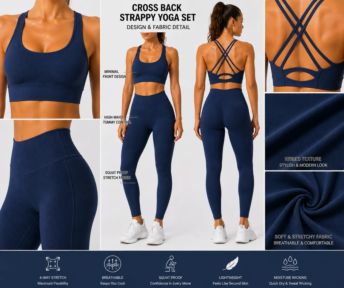 Women Cross Back Strappy Yoga Set High Waist Leggings Sports Bra Gym Workout Activewear Set