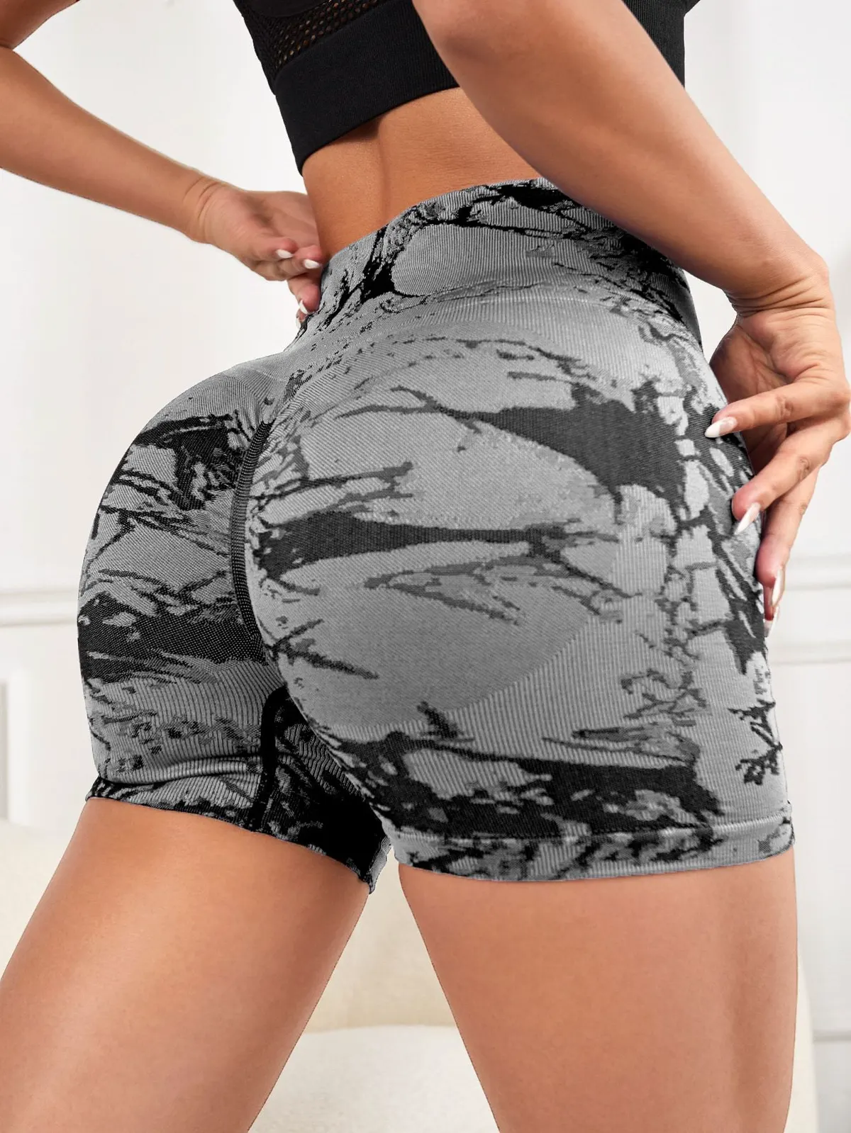 Women's High-Waisted Tummy-Tightening Jacquard Tie-Dyed Yoga Pants Quick-Drying Fitness Sports Shorts Short Sleeves Leggings