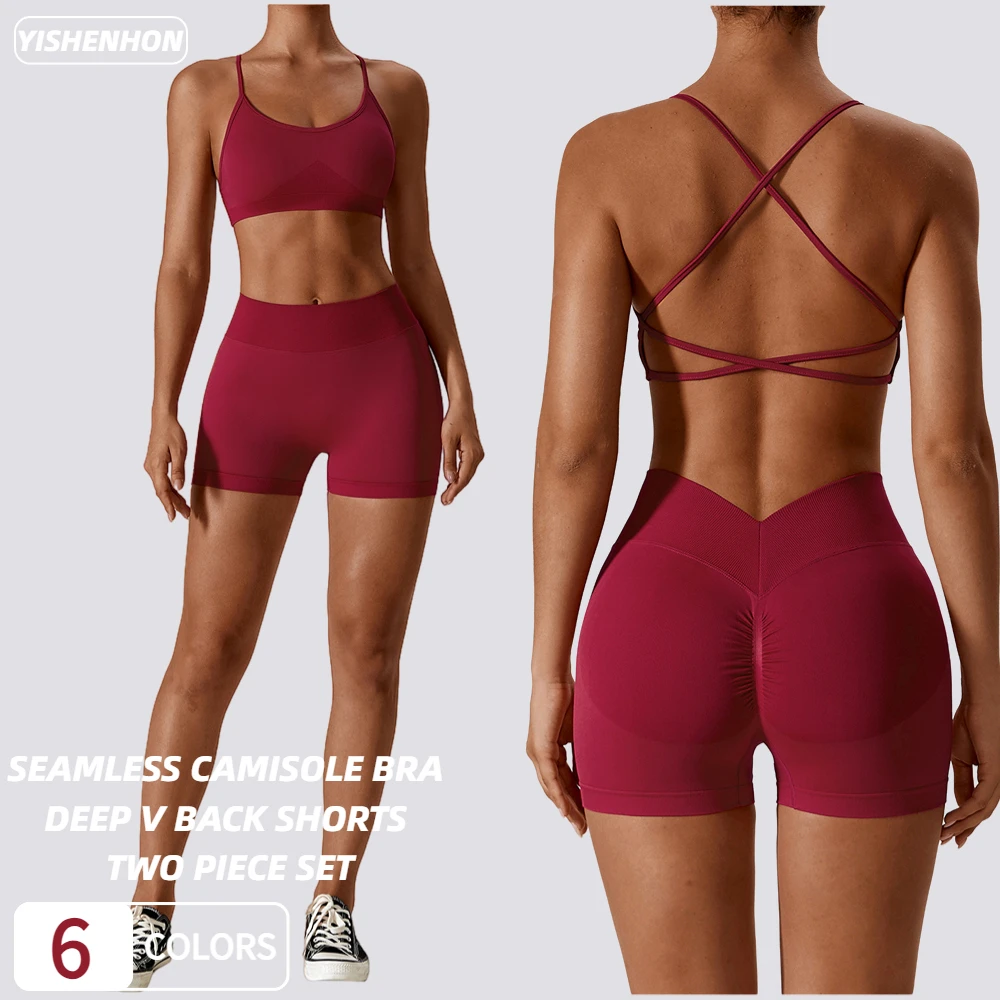 For YISHENHON Women's 2PCS Yoga Set High Impact Seamless Gym Fitness Bra High Waist Biker Shorts Scrunch Butt Bra Shorts Solid N