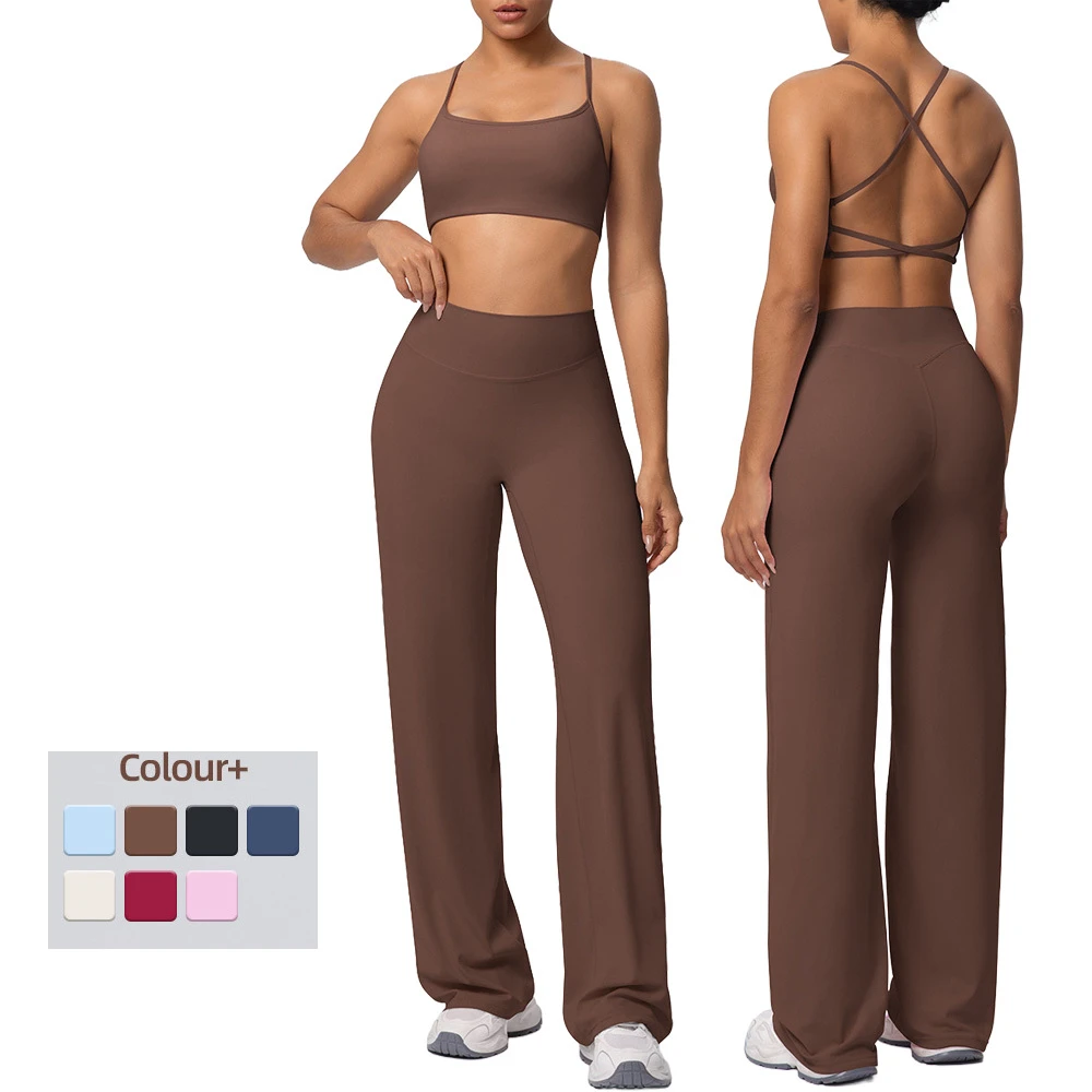 Women's 2 Piece Yoga Set Crisscross Back Sports Bra High Waist Wide Leg Pants Buttery Soft Workout Activewear