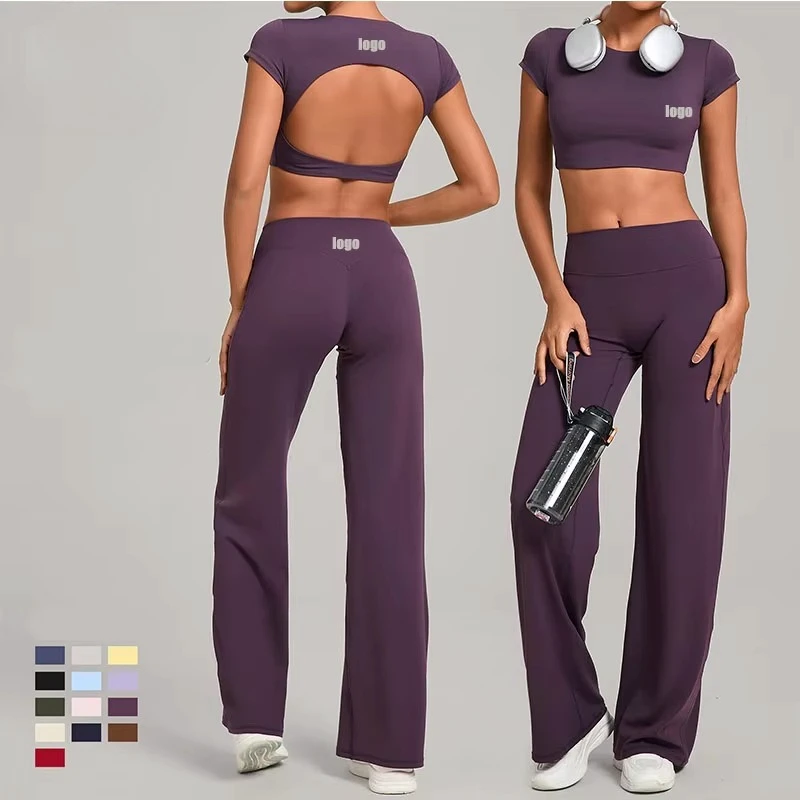 Lightweight Solid Breathable Yoga Two Pieces Suit Tight Backless High Waist Elastic Waist Quick Dry Straight Leg Pants