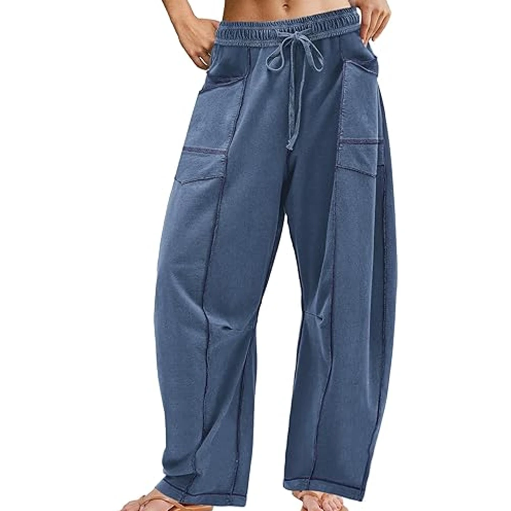 Women Korean Style Cargo Sweatpants Wide Leg Baggy Spring 100% Cotton Fleece High Waist Drawstring Casual Streetwear Joggers