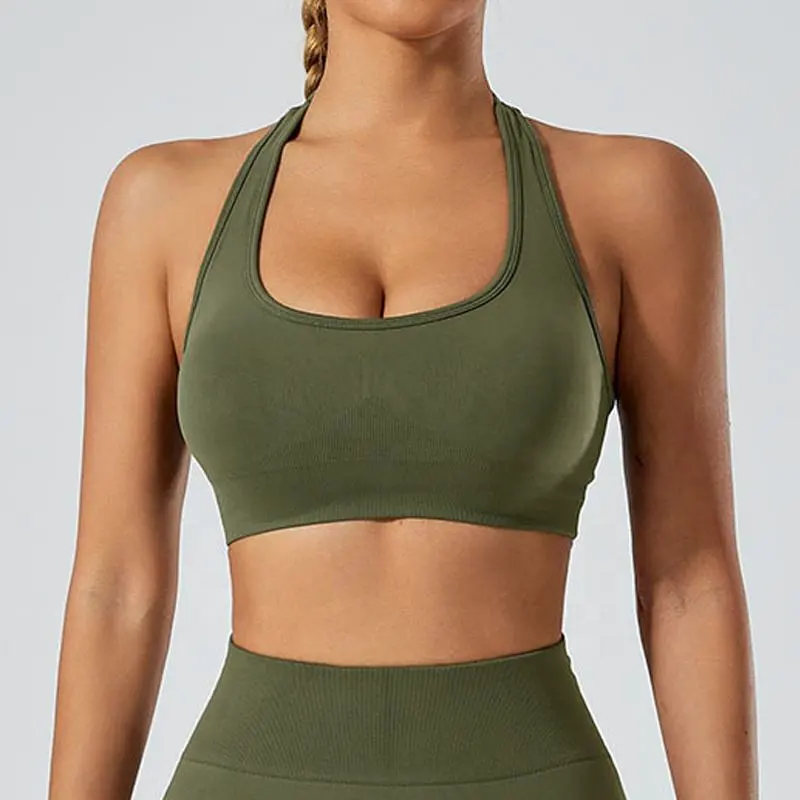 K_T U Neck Seamless Halter Sports Bra for Women Open Back Padded Yoga Crop Bras Tops High Support Backless Push up Workout Tops