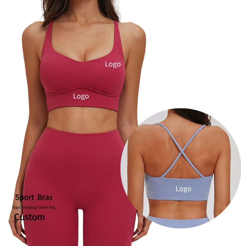 New Quick Dry Gym Top Women's V-Neck Brushed Yoga Bra with Cross-Back Tight Fitted Sports Bra for Outdoor Running Fitness