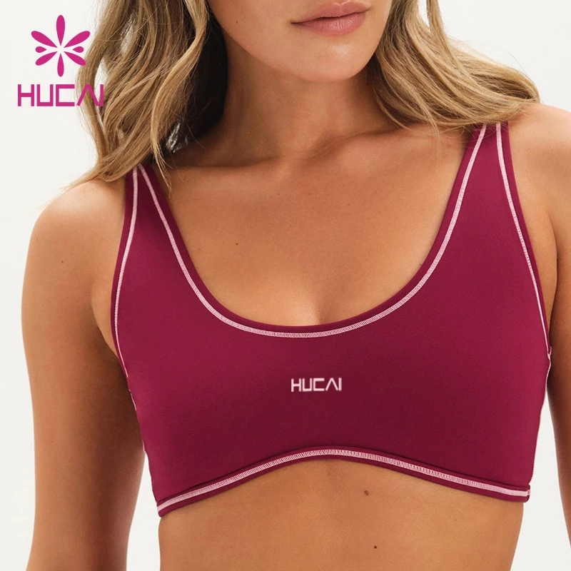 ODM HUCAI Custom Spandex U Neck Removable Padding Contrasting Color Adjustable Straps Yoga Gym Sports Bra Women