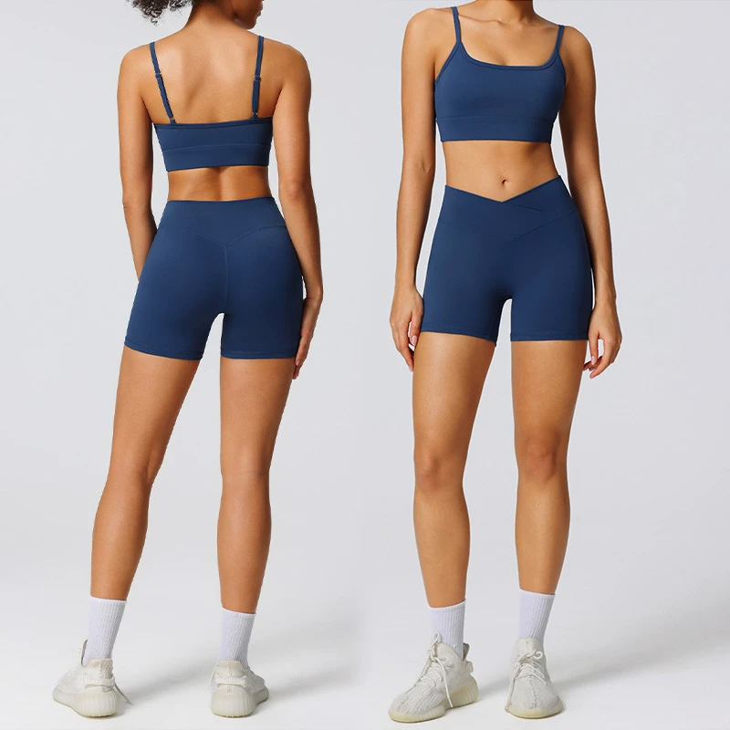 Roregal High Elasticity Quick Drying Sportswear Two-Piece Set Backless Soft Sports Bra Cross Waist Shorts Sport Gym Sets