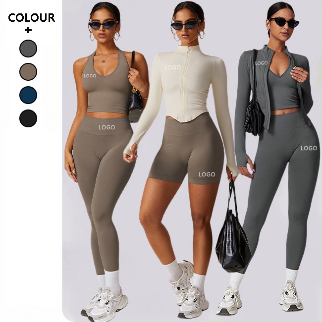 5pcs Plus Size Solid Yoga Sets Seamless Shorts Sports Bra Workout Vest Zipper Jacket Women High Waist Leggings Gym Fitness Wear