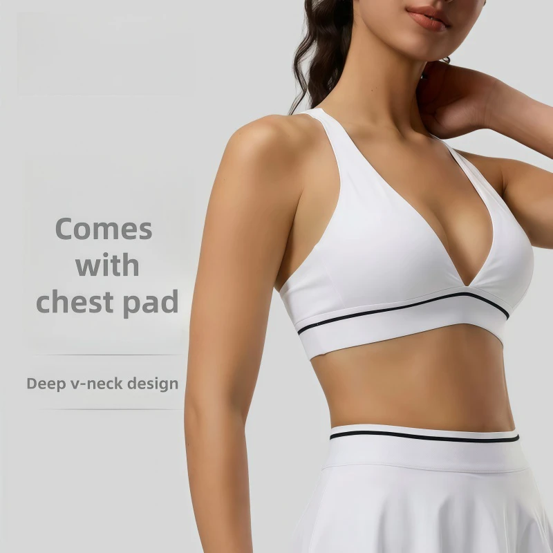 Sexy Tight High Support Breathable Yoga Bra with Deep V-Neck and Non-Adjustable Straps for Women Fitness Sports