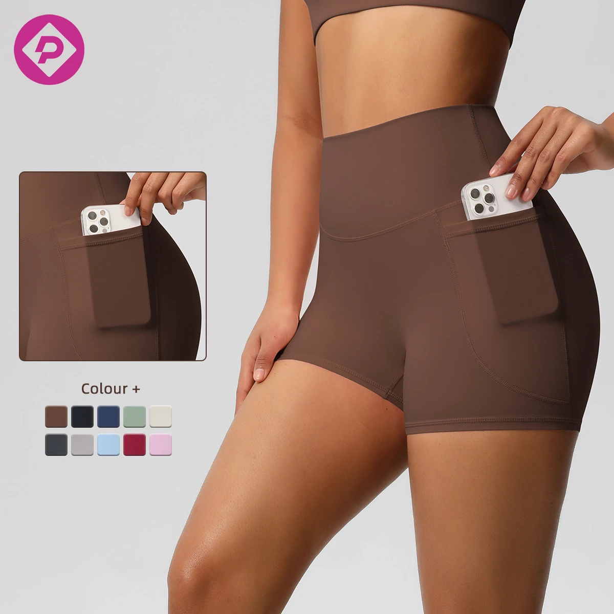 Fitness High Waist Hip Line Gym Quick Dry Sportswear Wholesale Yoga Workout Biker Shorts with Pockets