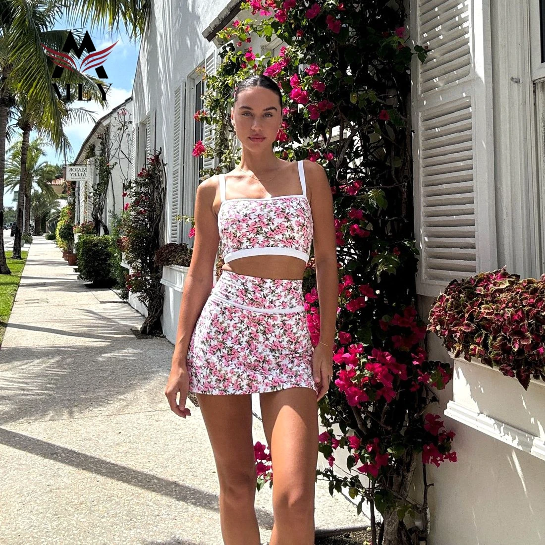 Women's Lightweight Sports Skirt Elastic Bodysuit Floral Print Two Piece Active Yoga Sets 2025
