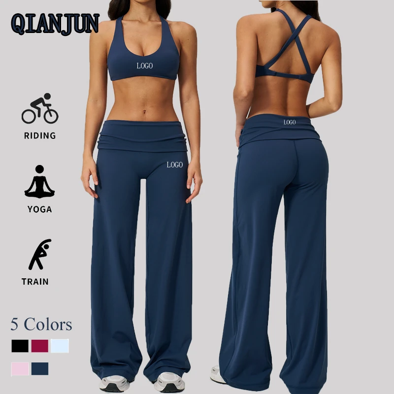 Hot Sale Women High Waist Wide Leg and Sports Bra Active Yoga Wear Set Crisscross Straps Gym Fitness Outdoor Leisure Sports Set