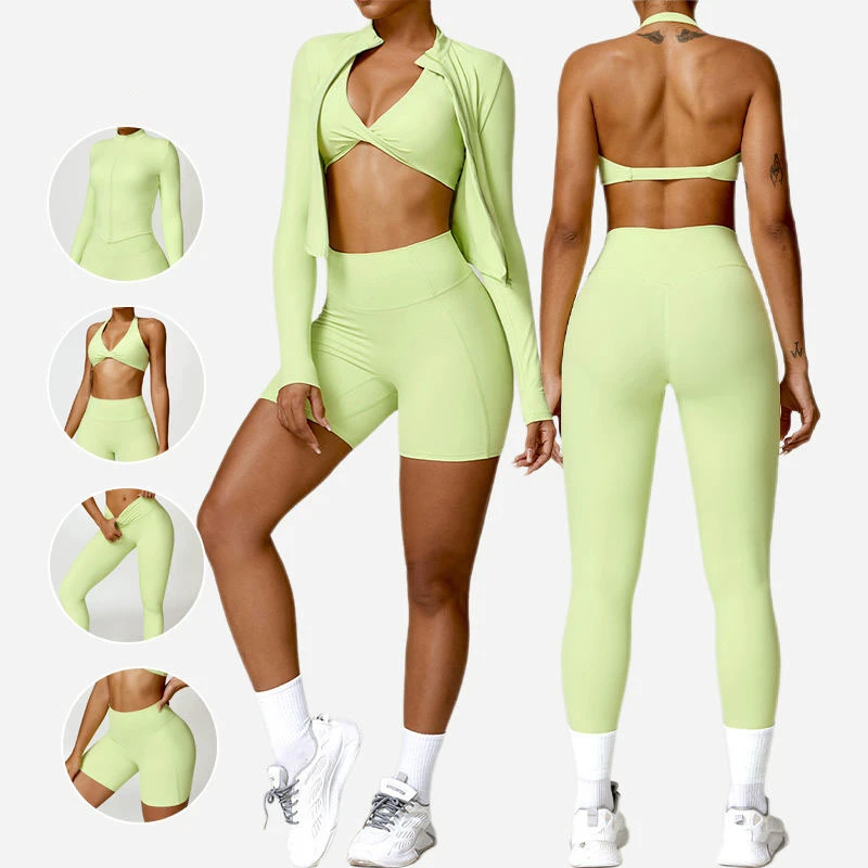 2024 High Quality 5 Piece Plus Size Fitness Clothing For Women Sports Short Yoga Gym Activewear Jacket Bra Workout Shorts Sets