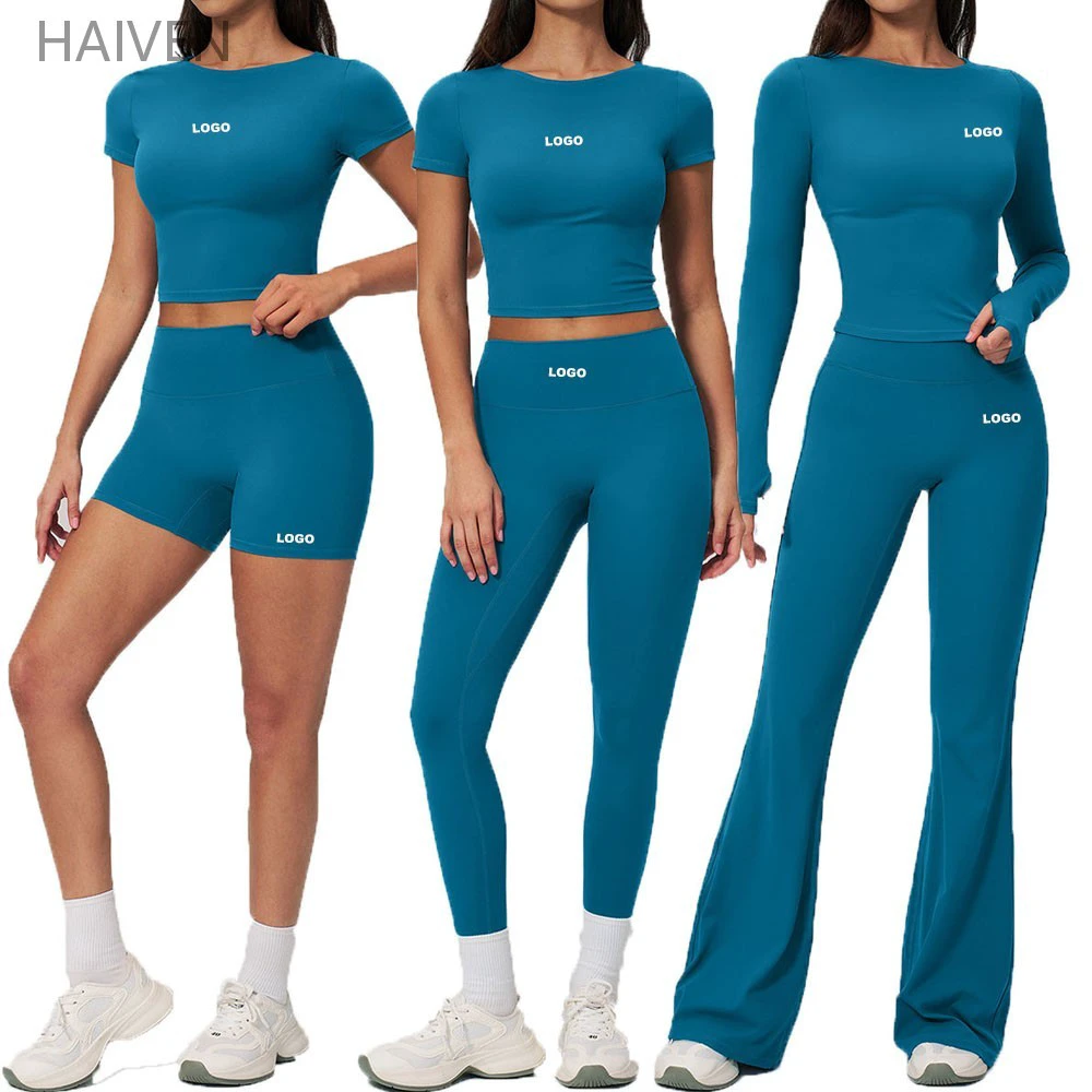 Women's Cropped T shirts High-Waist Wide Leg Flared Yoga Sports Pants Breathable Nylon 2-Piece Set