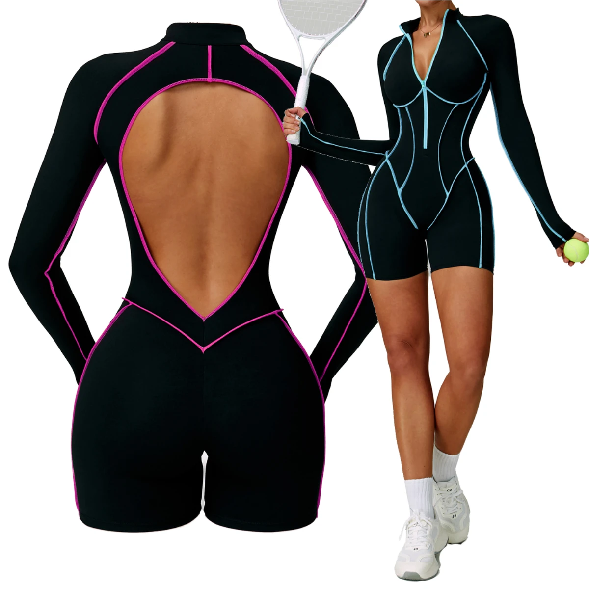 Back Hollow Breathable Spandex/Nylon SEAMED Solid Heat-Transfer Printed Fashion Gym Training Jumpsuits Women's Spaghetti Sports