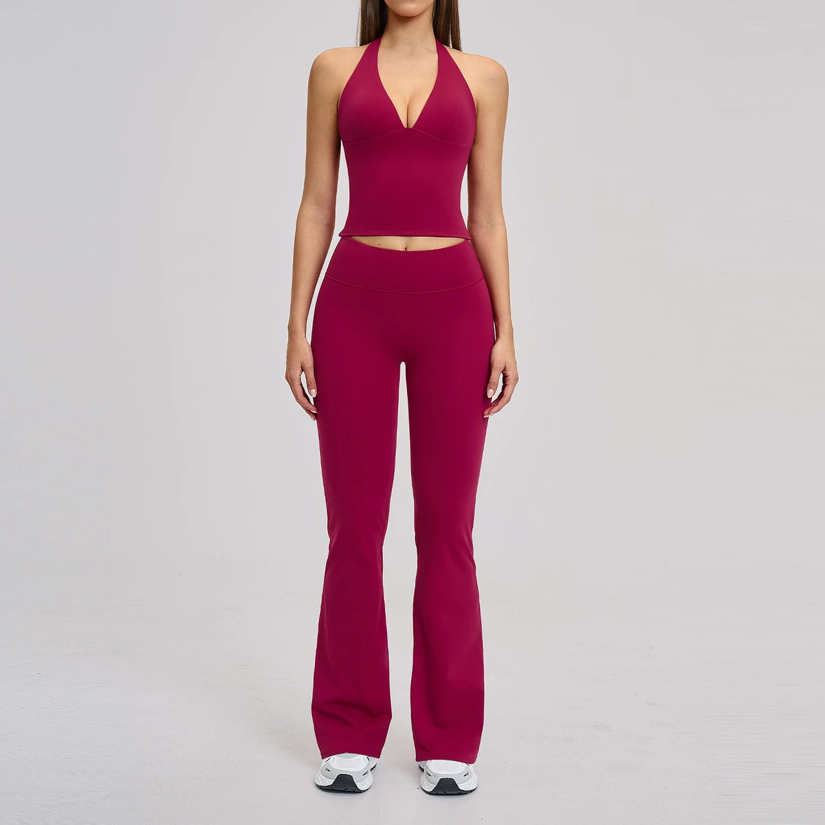 Custom Logo Women Halter Sports Bra Crop Tops High Elastic Waist Workout Flared Pants Leggings Gym Fitness 2 Piece Sets