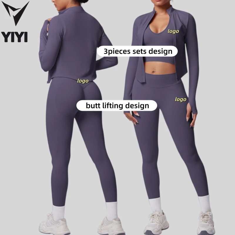 Custom Private Logo Women Leisurewear Sport 3pieces Sets Halter Vest Zipper Jacket High Waist Legging Gym Yoga Fitness Clothes