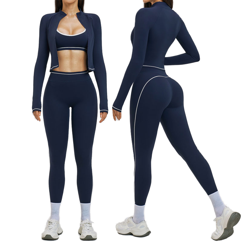 High Quality Women Three Piece Yoga Set Adjustable Bra High Waist Legging Slim Fit Solid Four Way Stretch Active Set