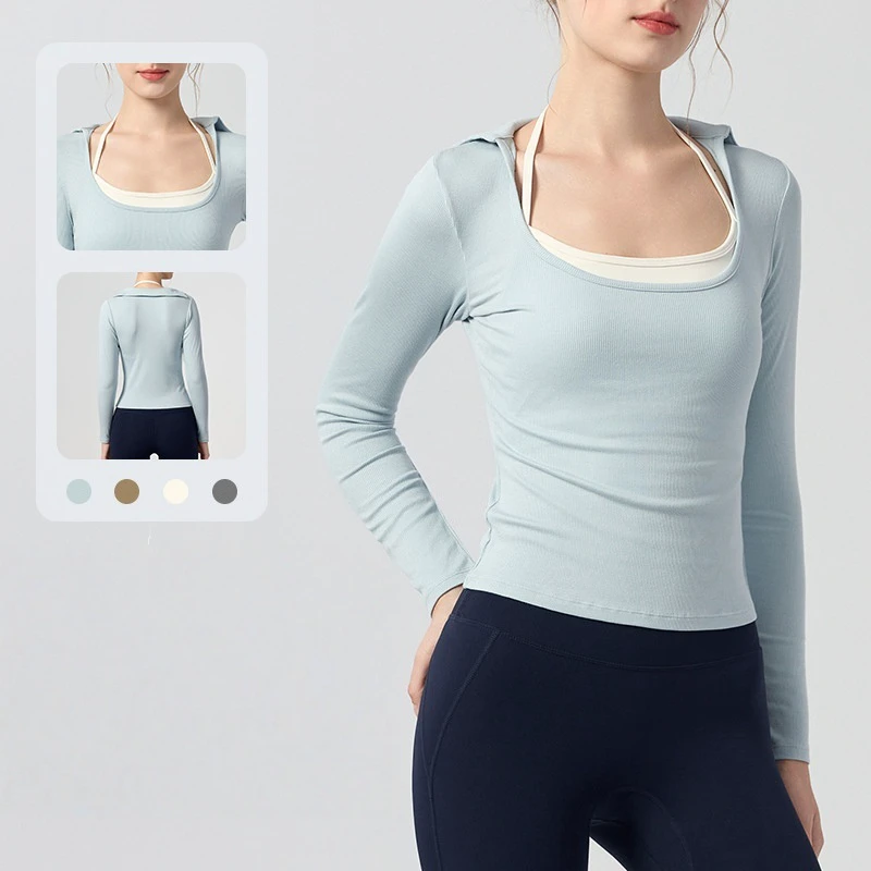 Lightweight Long Sleeve Color Block Yoga Sports Bra Semi-fixed Cup Breathable Gym Top for Running