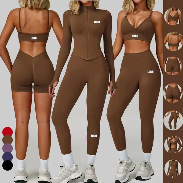 Factory Custom Logo Seamless 4PCS Yoga Sets Sexy Push up Sports Bra V Waist Yoga Leggings Women Gym Fitness Sets Workout Outfit
