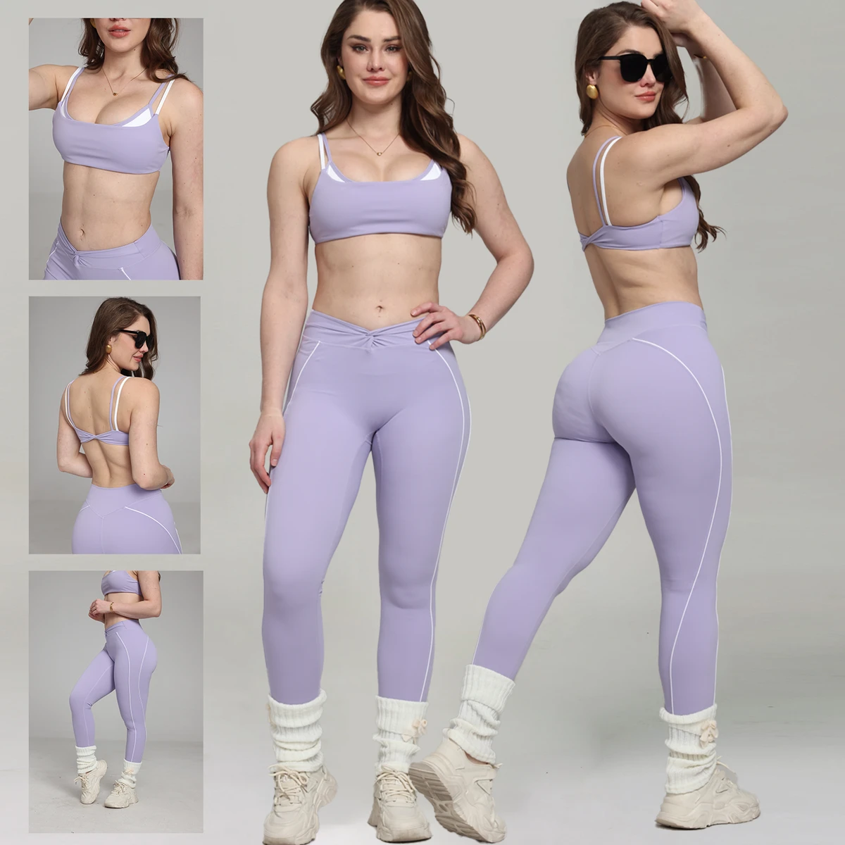 Wholesale 2 Pieces Roupa De Academia Backless Sports Bra Color Block White Stripe Running Leggings Yoga Set Women Sportswear