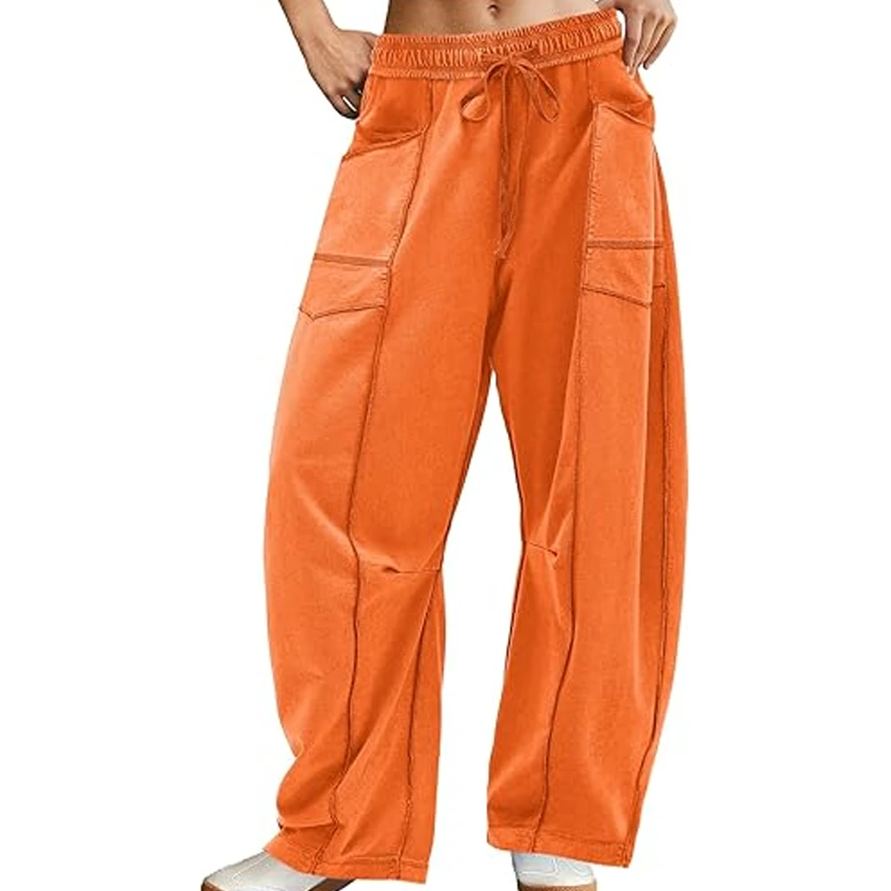 Women Modern Cargo Pants Wide Leg Sweatpants High Waist Drawstring Casual Loose Fit Streetwear Spring Solid Fleece 100% Cotton