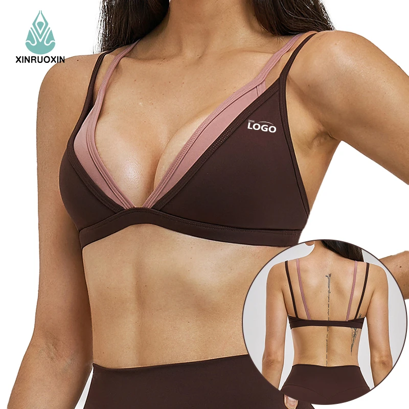 Women's V-Neck Color Block Sports Bra, Breathable Quick-Dry Double Strap Yoga Bra For Gym Workouts