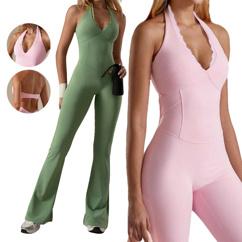 Custom Logo V-Neck Lace One-Piece Yoga Jumpsuit Beautiful Back High Waist Tight Fitness Suit Reversible Quick-Drying Suit