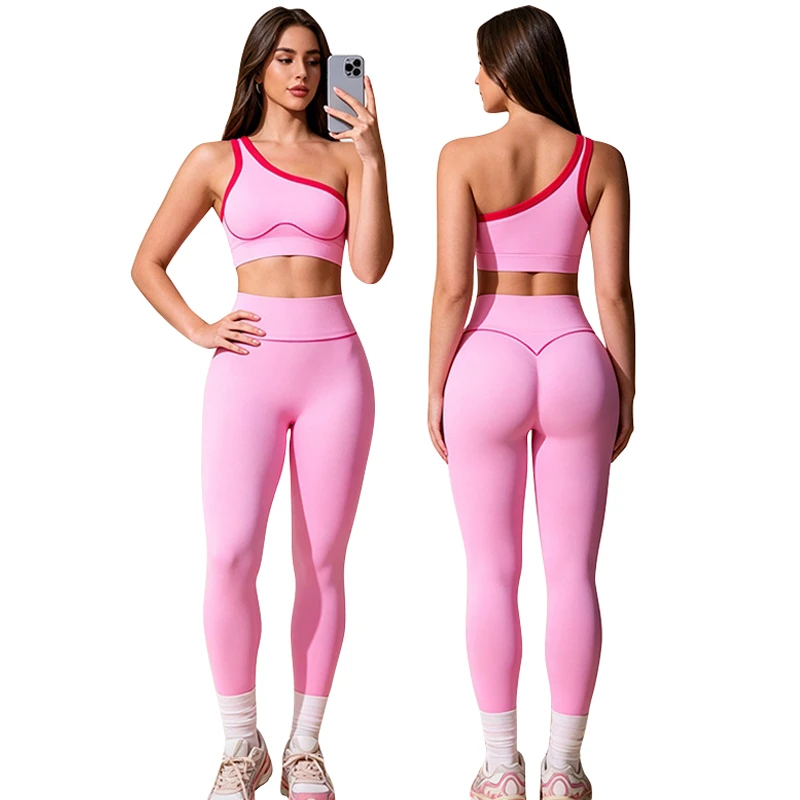 Womens 2-Piece Plus Size Yoga Fitness Suit One Shoulder Sports Bra & High Waist Pants-Quick Dry Breathable Nylon/Spandex