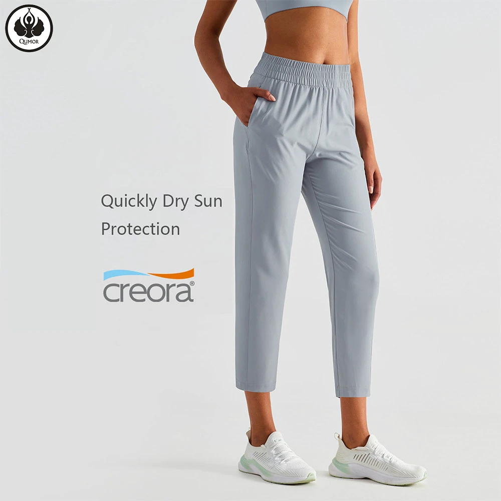 QUMOR Summer UPF 50+ Anti-UV Solid Women's Yoga Pants Four-Way Stretch Breathable High Waist Loose Casual Cool Feel Side Pockets