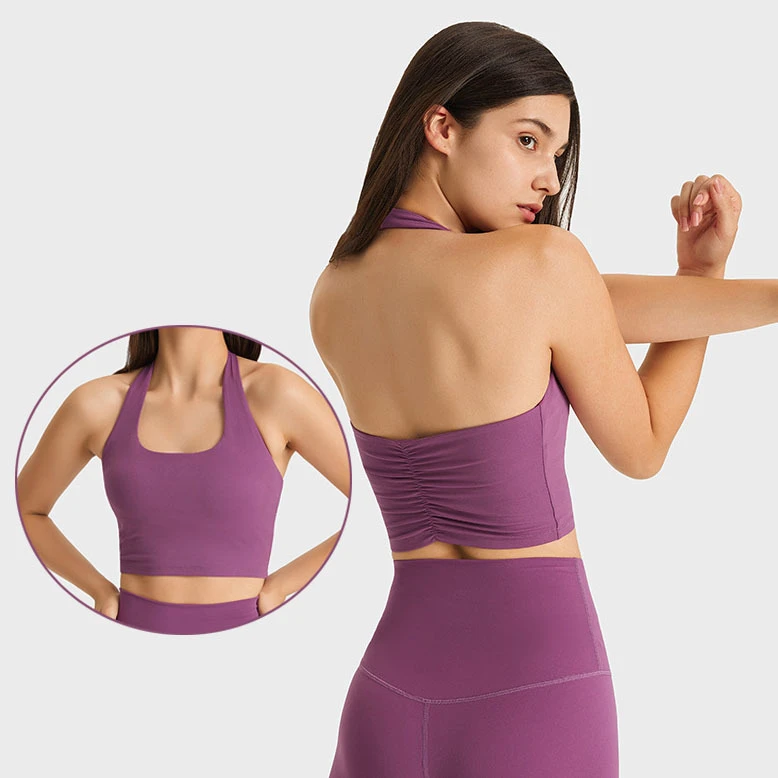 Women Sexy Backless Padded Soft Nylon Fitness Running Bra Lady U Neck Breathable Single Strap Shockproof Halter Yoga Sports Bras