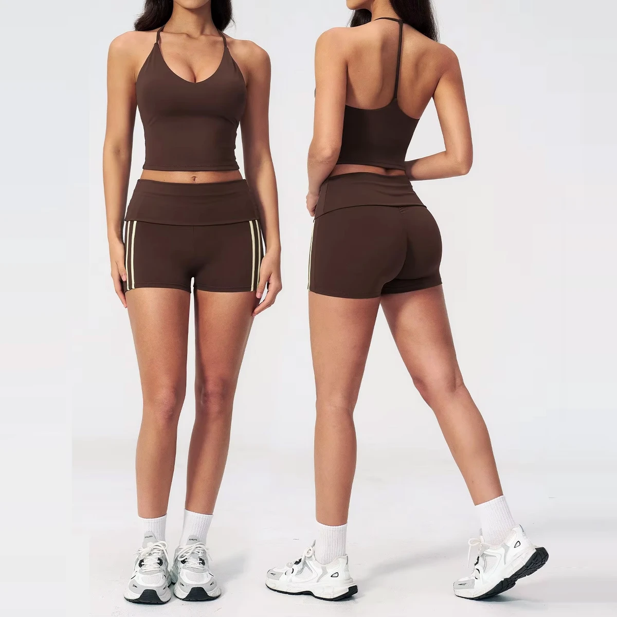 TongJoes Naked Breathable Solid High Waist Yoga Suit Shorts with Hanging Neck Beauty Back Tight for Outdoor Running Fitness