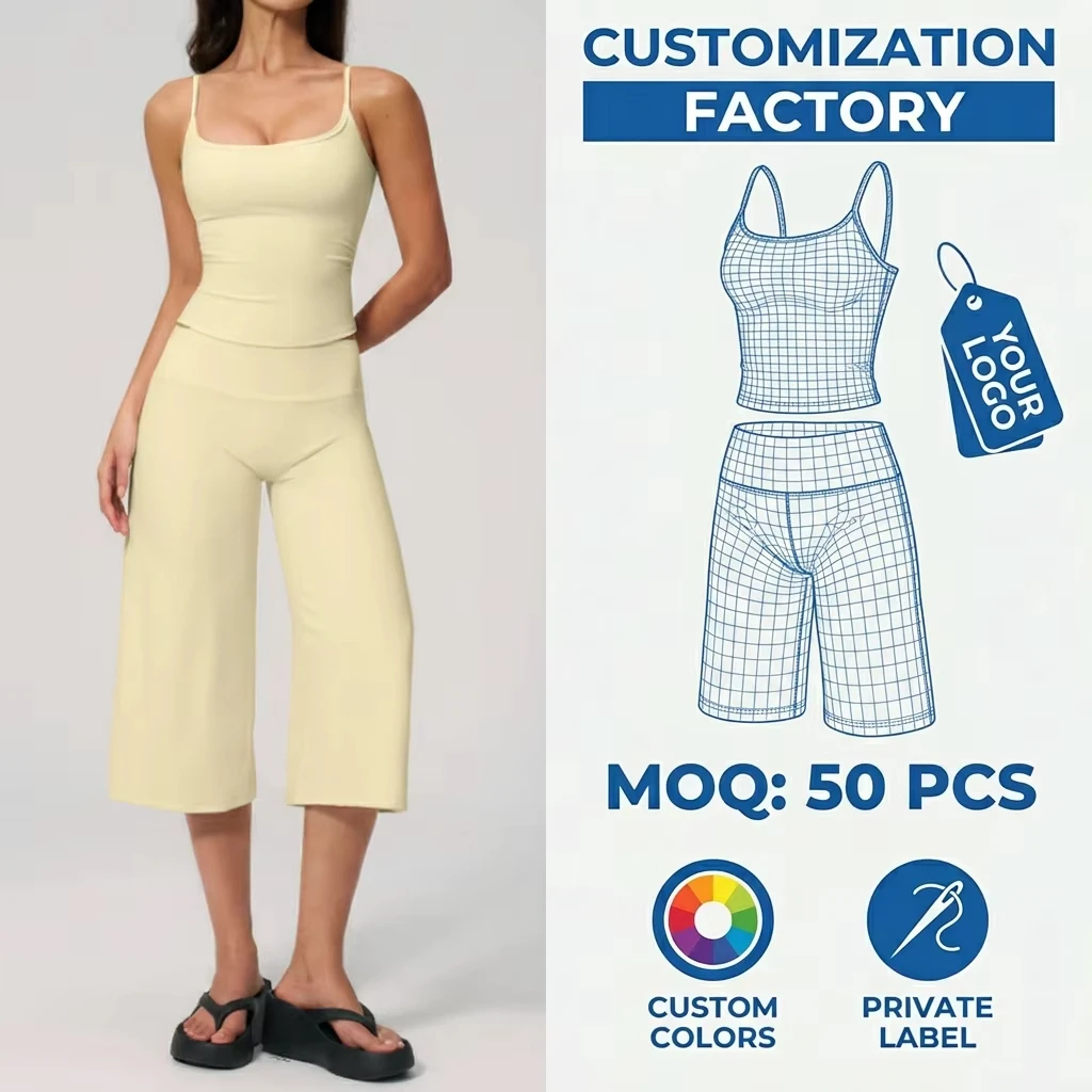 Custom Light Yellow Spaghetti Strap Cami Tank Top High Waist 3/4 Wide Leg Culottes Set 2 Piece Yoga Workout Gym Wear for Women