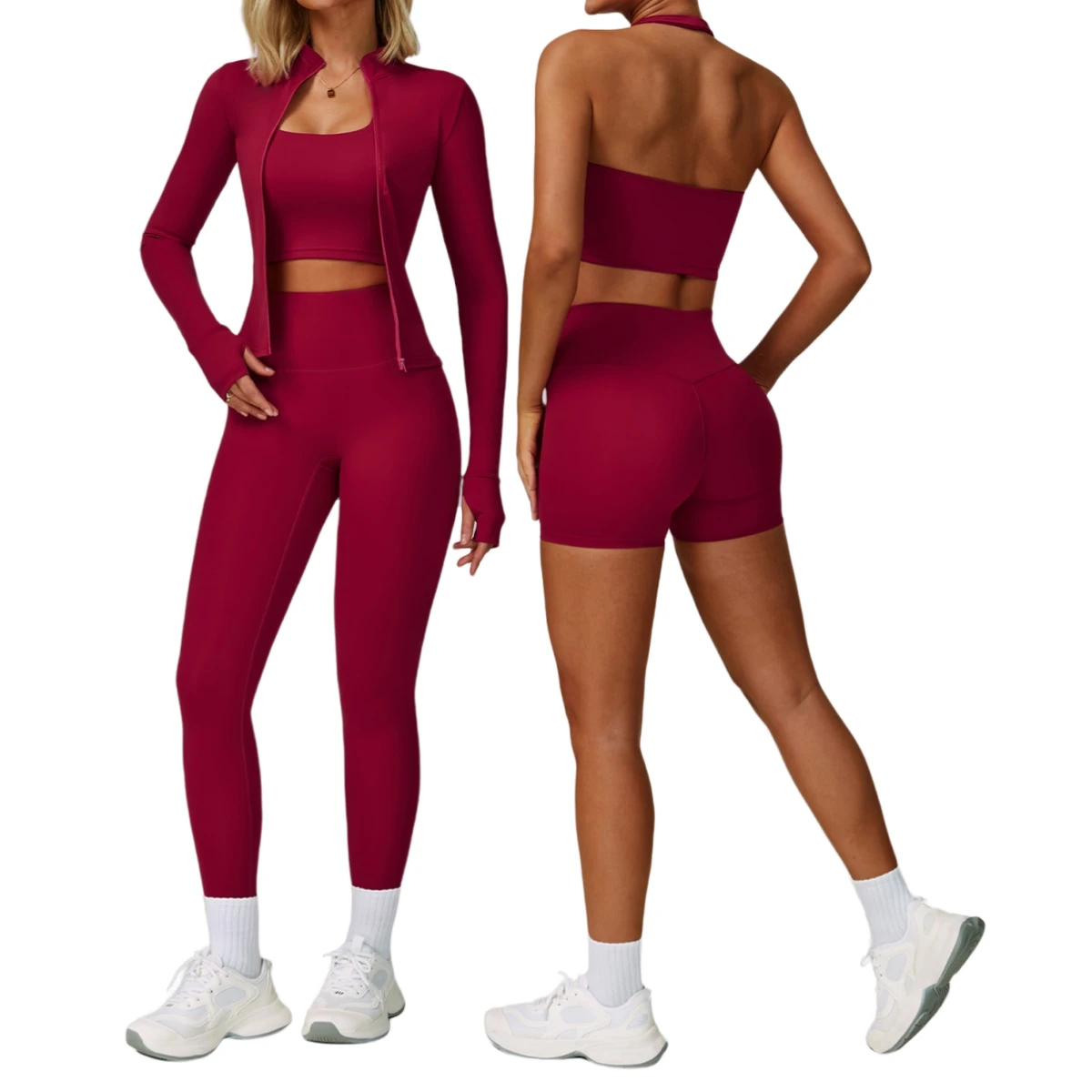 Quick Dry Breathable 4-Piece Women's Yoga Set Solid Square Neck High/Elastic Waist Crisscross Straps Spandex/Nylon Fitness