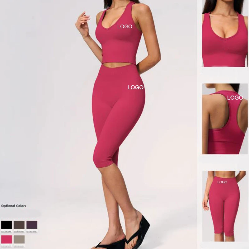 High-end Solid Spandex/nylon Yoga Outfit Set V-neck Quick-drying Fitness and Running Ensemble for Women Two-piece Set