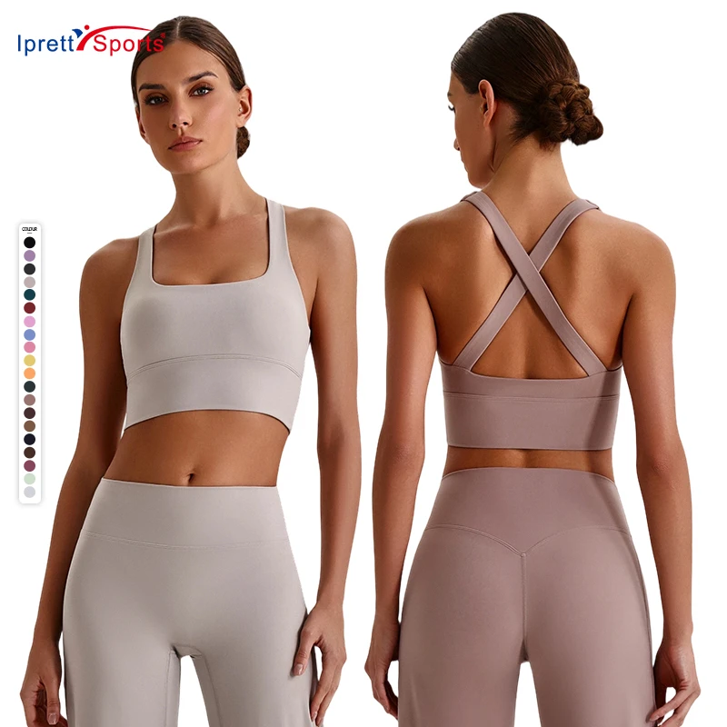 OEM Active Wear Women Cross Back Cropped Tank Top Wide Hem High Impact Push up Sports Bra for Women Fitness Gym Bras